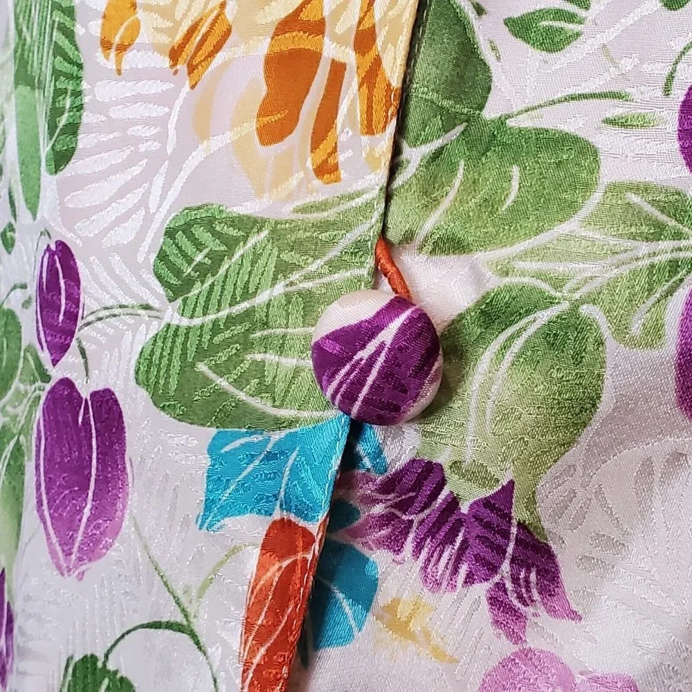 Vintage Floral Thin‎ Silk Jacket Colorful Satin Sz Medium Pockets Oversized